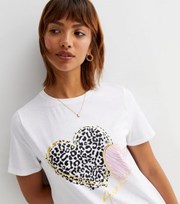 New Look White Double Heart Animal Print Logo T-Shirt